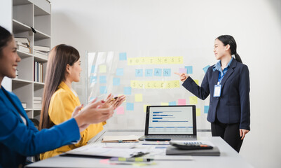 Clap your hands, Female business leaders come together in conference room for their annual meeting, actively participating, asking questions, enriching  seminar, Asian people, only women