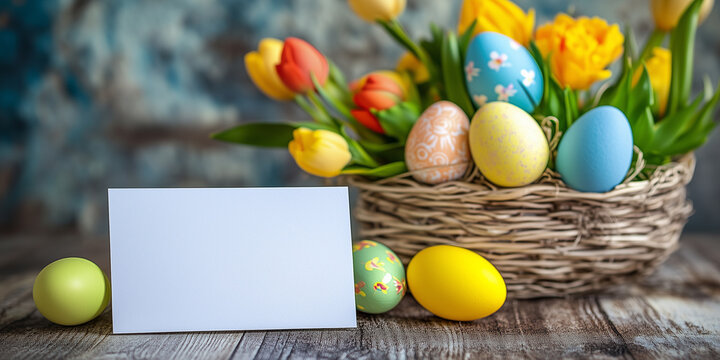 Frohe Ostern. Osterkarte mit bunt bemalten Ostereier im Korb. Karte Werbebanner Werbeschild f&uuml;r Ostern.