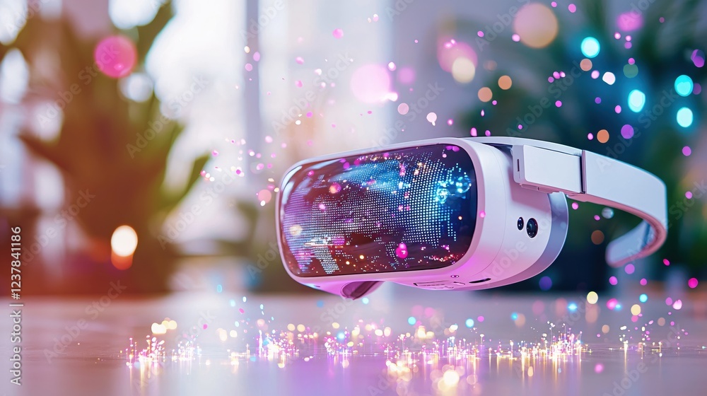 Poster virtual reality headset futuristic technology displaying global network festive lights