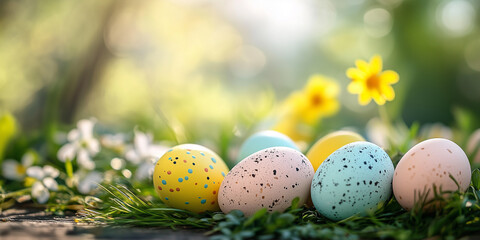 Frohe Ostern. Osterkarte mit bunt bemalten Ostereier im Korb. Karte Werbebanner Werbeschild f&uuml;r Ostern.