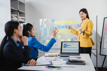 Female business leaders come together in conference room for their annual meeting, actively participating, asking questions, enriching  seminar, Asian people, only women, Proposals and comments.
