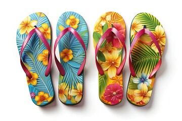 Colorful Summer Flip-Flops on Sandy Beach Background - Stock Photo