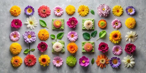 Colorful Flower Flat Lay: Vibrant Floral Pattern on Gray Background