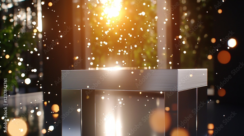 Poster Elegant Metal Cube Display with Warm Golden Light and Sparkling Particles