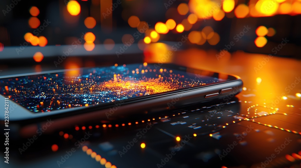 Poster Futuristic Smartphone Displaying Digital Data Streams and Network Connections in Warm Ambient Lighting