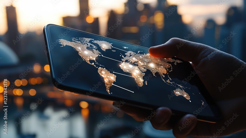 Aufkleber global connection digital world map on smartphone screen at dusk