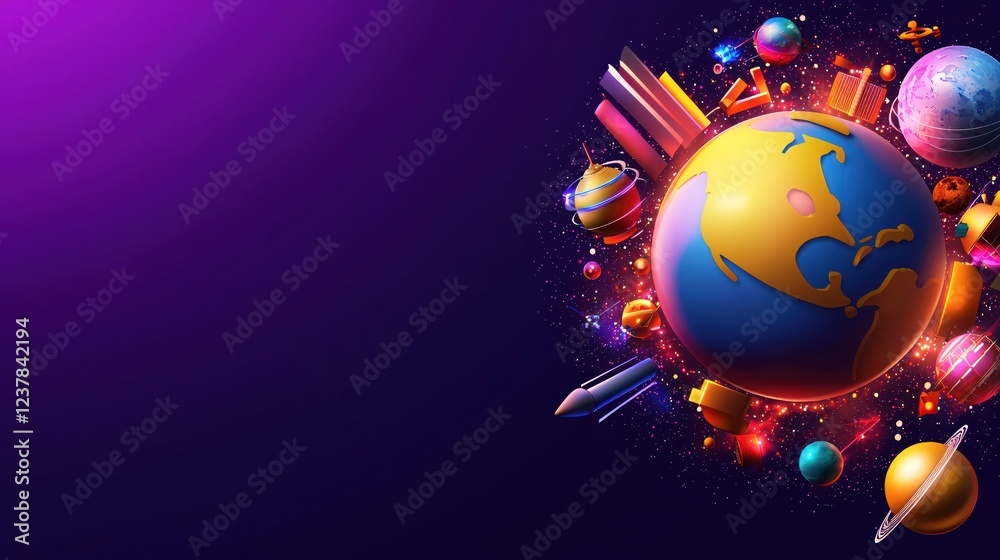 Aufkleber vibrant cosmic scene featuring earth planet rocket and space objects