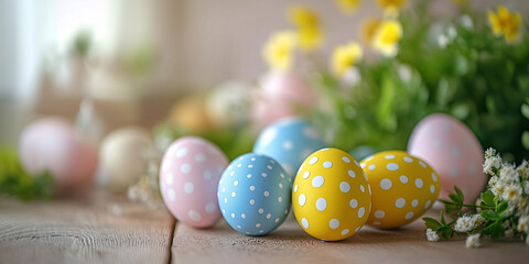 Obraz premium Frohe Ostern. Osterkarte mit bunt bemalten Ostereier im Korb. Karte Werbebanner Werbeschild für Ostern.