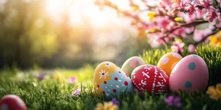 Frohe Ostern. Osterkarte mit bunt bemalten Ostereier im Korb. Karte Werbebanner Werbeschild f&uuml;r Ostern.