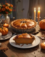 Turkey and pumpkin pie on a table with candles, warmth, holidays,