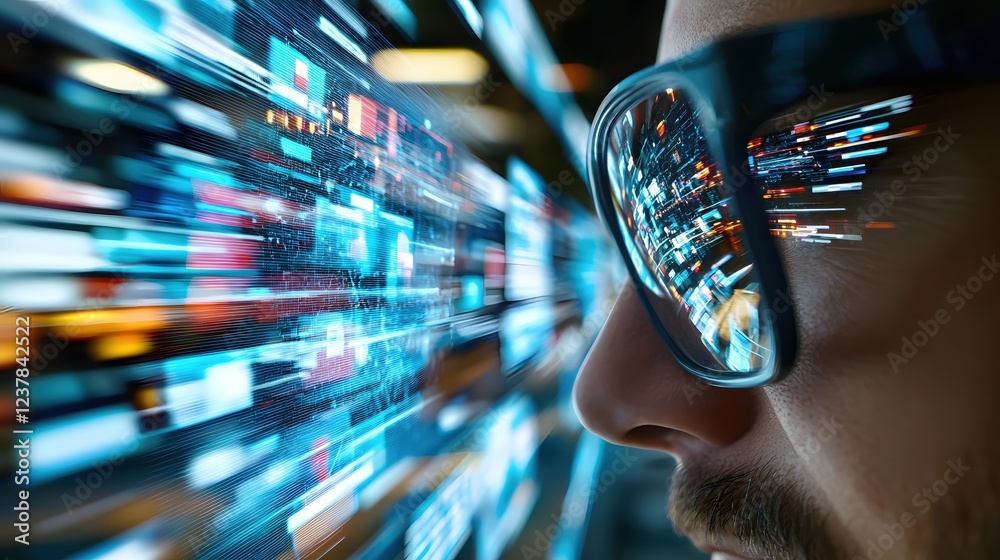 Poster Digital Data Stream Man Viewing Futuristic Technology Screen