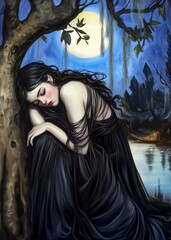 Fototapeta premium Goddess wearing a long black dress with long black hair laying by a tree 