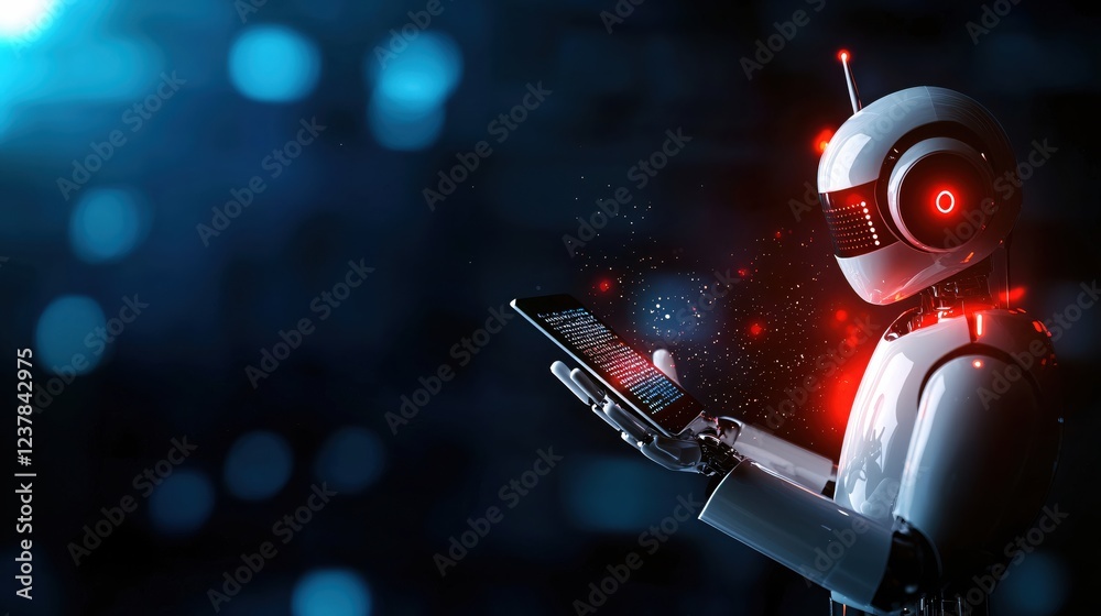 Poster Futuristic Robot Using Tablet Device in Dark Digital Space