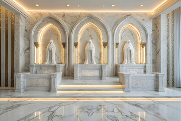 Fototapeta premium Marble chapel interior, three statues, calm background, peaceful meditation space