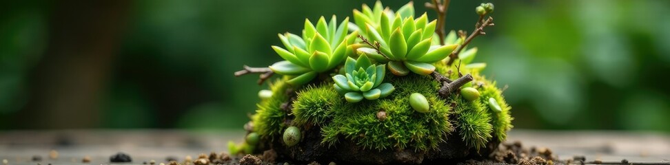 Fototapeta premium Moss-covered sphere with small succulent leaves and twigs, kokedama, earthy