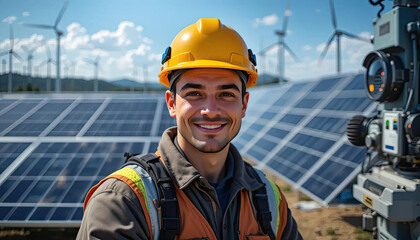 engineer inspect installation of solar panels installed check, using laptop or tablet at solar photovoltaic power station.