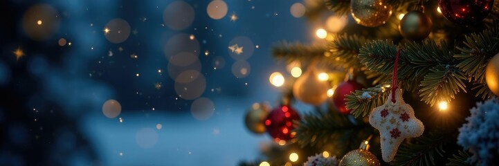 Sparkling fairy lights adorn a Christmas tree, soft glow, winter wonderland