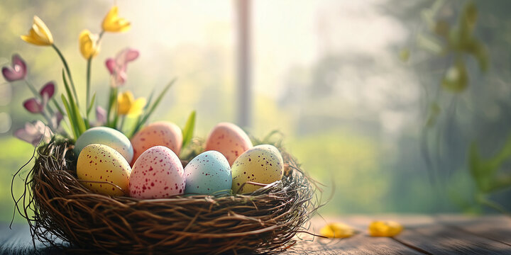 Frohe Ostern. Osterkarte mit bunt bemalten Ostereier im Korb. Karte Werbebanner Werbeschild f&uuml;r Ostern.