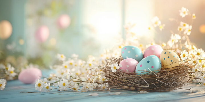 Frohe Ostern. Osterkarte mit bunt bemalten Ostereier im Korb. Karte Werbebanner Werbeschild f&uuml;r Ostern.