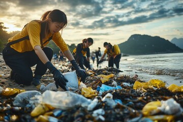 Community clean-up event beach environmental action coastal area ground-level view promoting sustainability