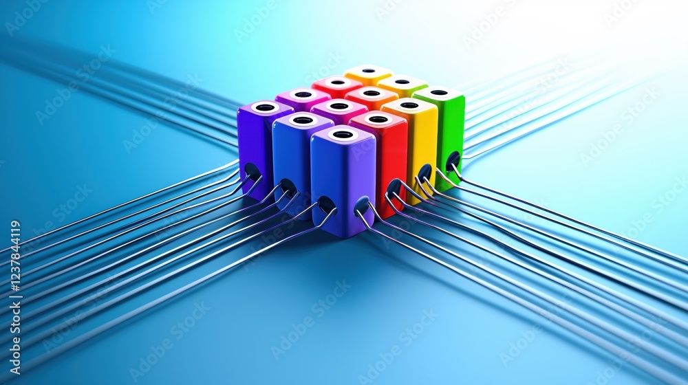 Poster Colorful Cubes Connected by Sleek Lines Abstract Technology Network Concept