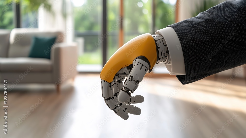 Poster robotic hand in modern home offering smart home automation