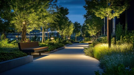 A serene nighttime park pathway illuminated by soft lights and surrounded by lush greenery.