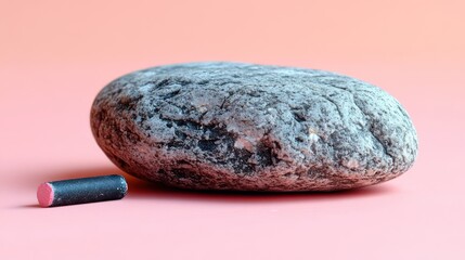 Serene Stone and Small Crayon on Pink Background: A Minimalist Still Life