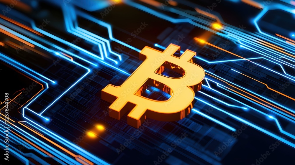 Poster golden bitcoin symbol on futuristic circuit board technology background