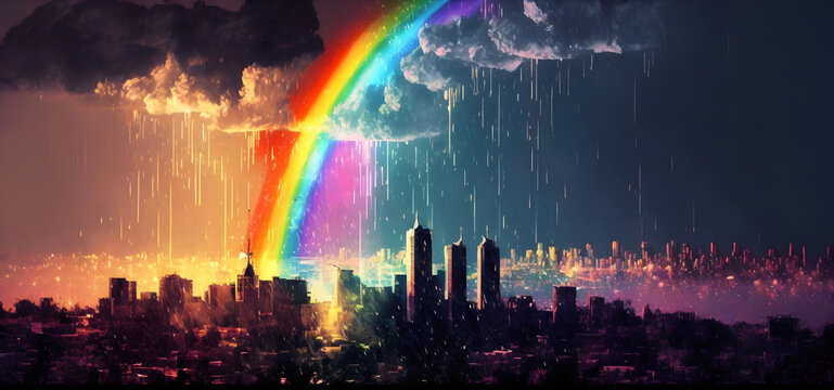 Stadt unter Regenbogen und Regensturm