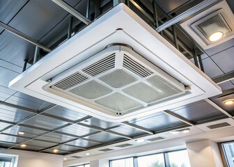 White Cassette-Type Air Conditioner Installed on Ceiling in Modern Office