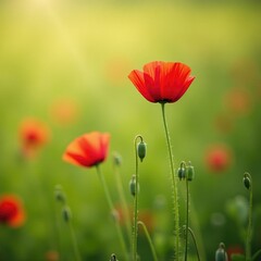 Fototapeta premium Delicate red poppy flowers gently swaying in the breeze, nature, flowers, blooms