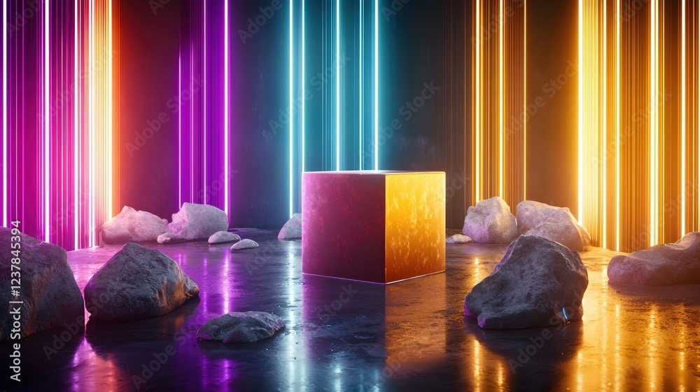 Poster Neon Lights Reflecting on Rocks and Cube Abstract Background