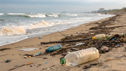 Spilled garbage on beach of big city. Empty used dirty plastic bottles. Dirty sea sandy shore the Black Sea. Environmental pollution. Ecological problem. Bokeh moving waves in the background