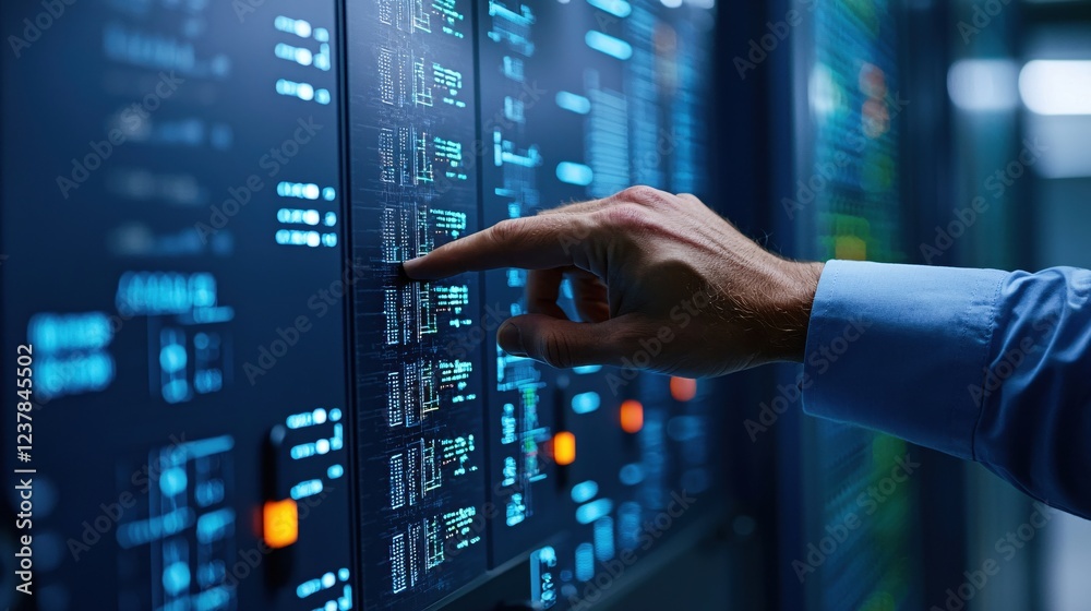 Poster hand interacting with futuristic blue digital interface screen technology data center