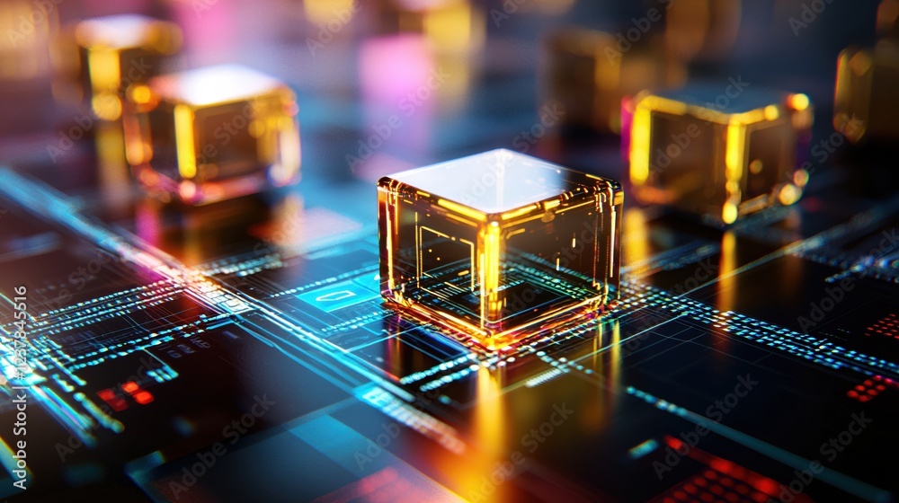 Poster Futuristic Data Cubes Glowing Brightly on a Digital Circuit Board