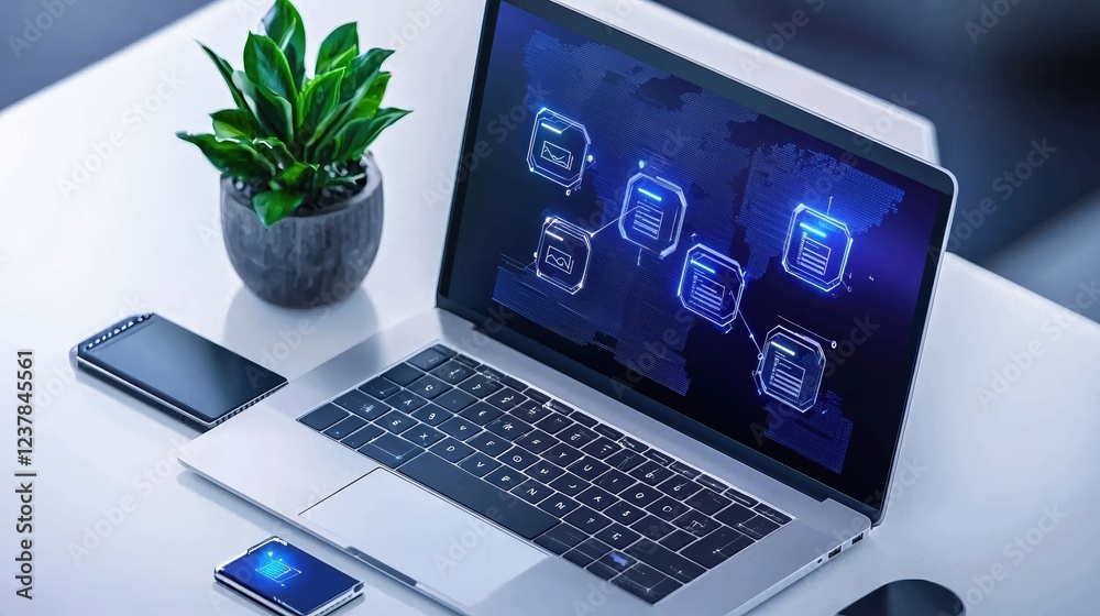 Poster Modern Laptop Displaying Global Data Network and File Transfer System