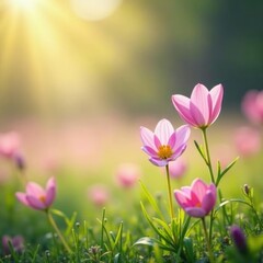 Obraz premium Pastel pink wildflowers swaying in gentle spring breeze, nature, blooming flowers, green grass