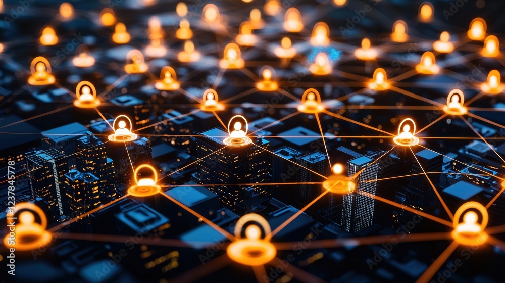 Aufkleber global network connection cityscape illuminated nodes modern technology