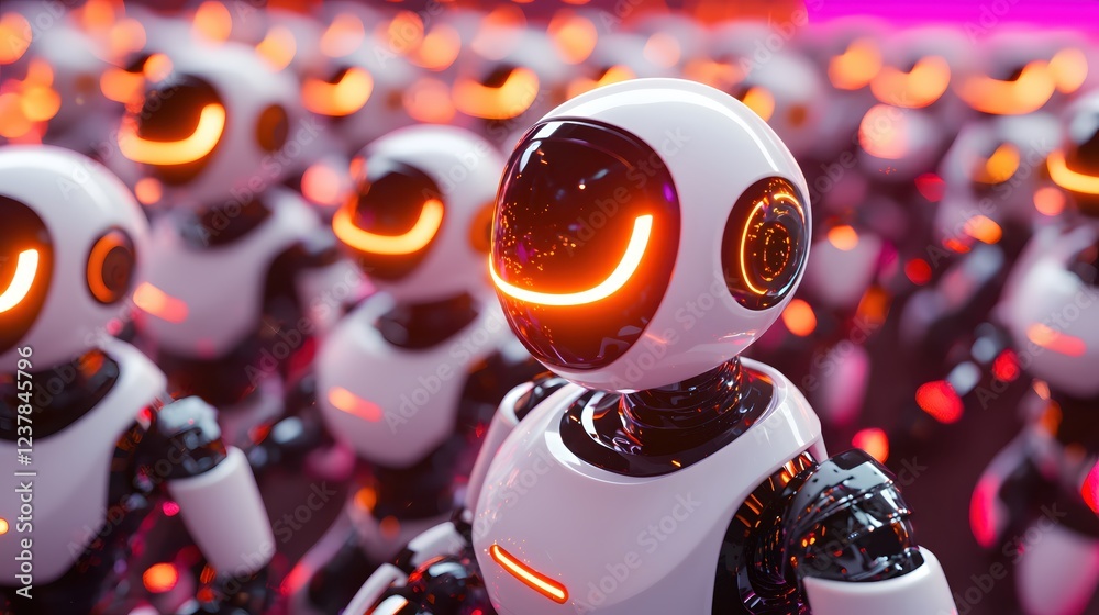 Poster friendly robots gathering in neon glow futuristic technology