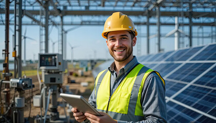 engineer inspect installation of solar panels installed check, using laptop or tablet at solar photovoltaic power station.