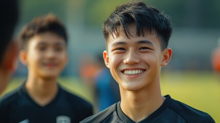 Smiling teen soccer player, field background, game