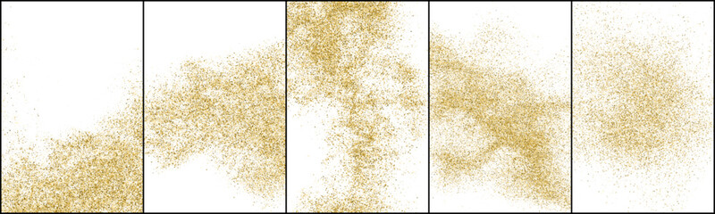 Gold glitter texture background. Golden sparkle pattern. Sand explosion abstract. Dust gold grain backdrop. Set vector Illustration, eps 10.