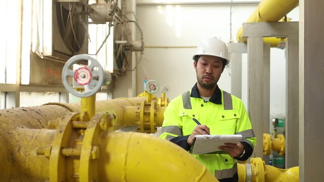 Industrial engineer cooling tower in building System work machine. Condenser Water Supply pipe lines. Ventilation. large industrial building to control air system.