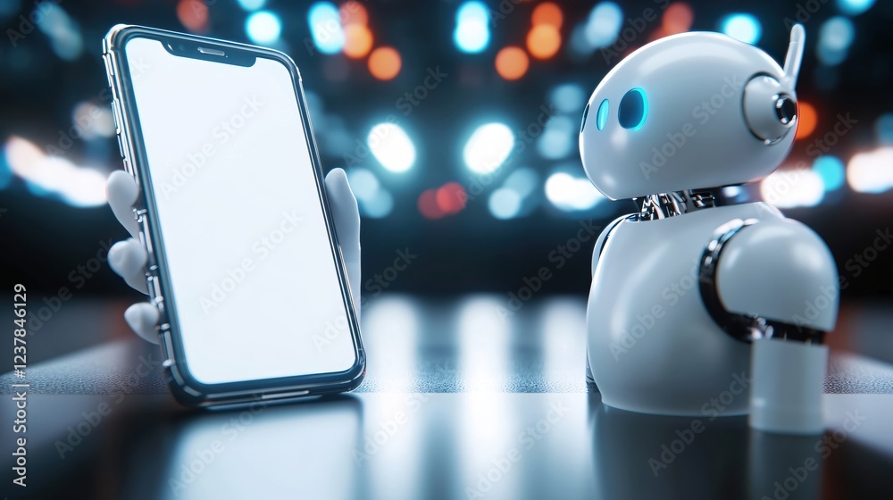 Poster modern robot viewing smartphone blank screen futuristic technology concept