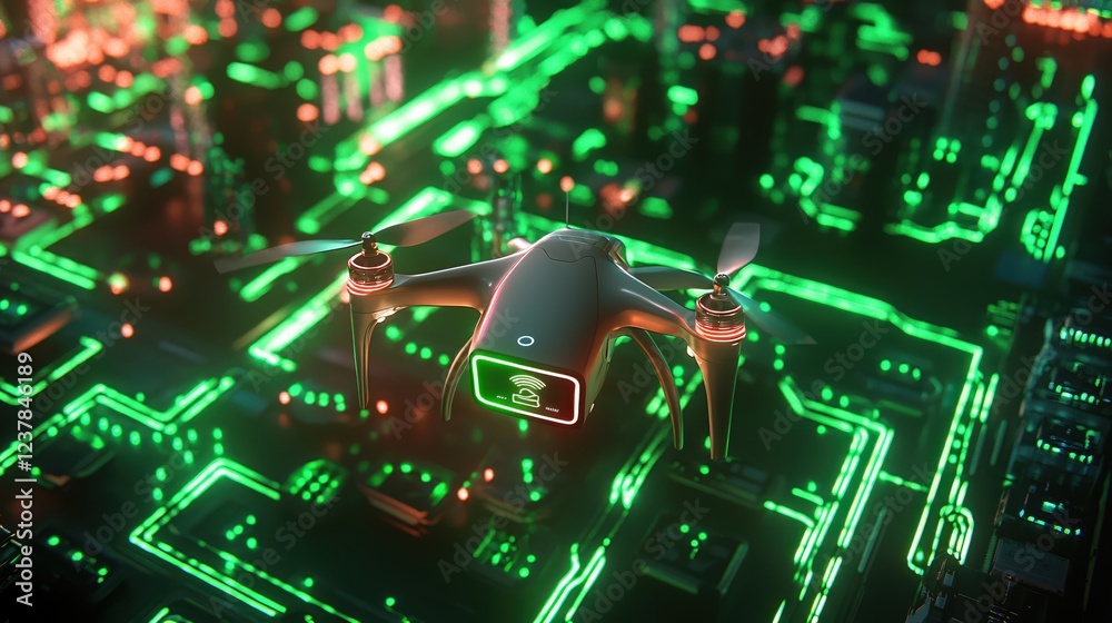 Poster futuristic drone technology hovering above neon circuit board