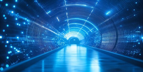 Futuristic blue neon tunnel with glowing lights and reflective floor.