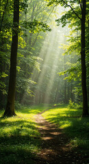 Obraz premium stunning forest landscape with sunbeams illuminating the clearing . Generative AI