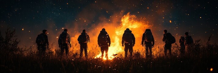 Night Hikers by a Bonfire Under the Starry Sky