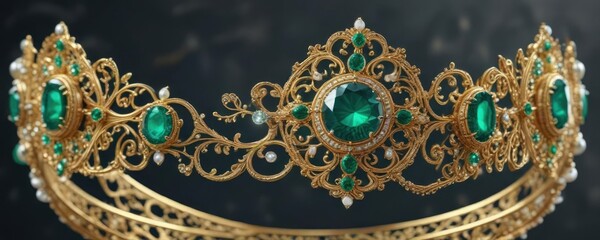 Pearl-encrusted circlet with intricate emerald filigree and golden accents, luxury, emerald